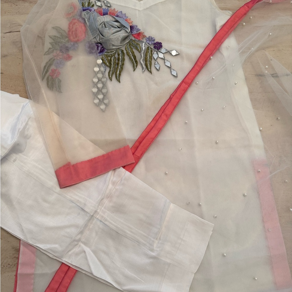 Embroidered Sheer White and Pink Outfit